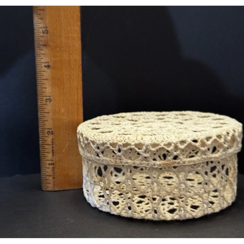 Vintage Crocheted Lidded Trinket Box Stiff Starched Cottagecore Boho Coastal